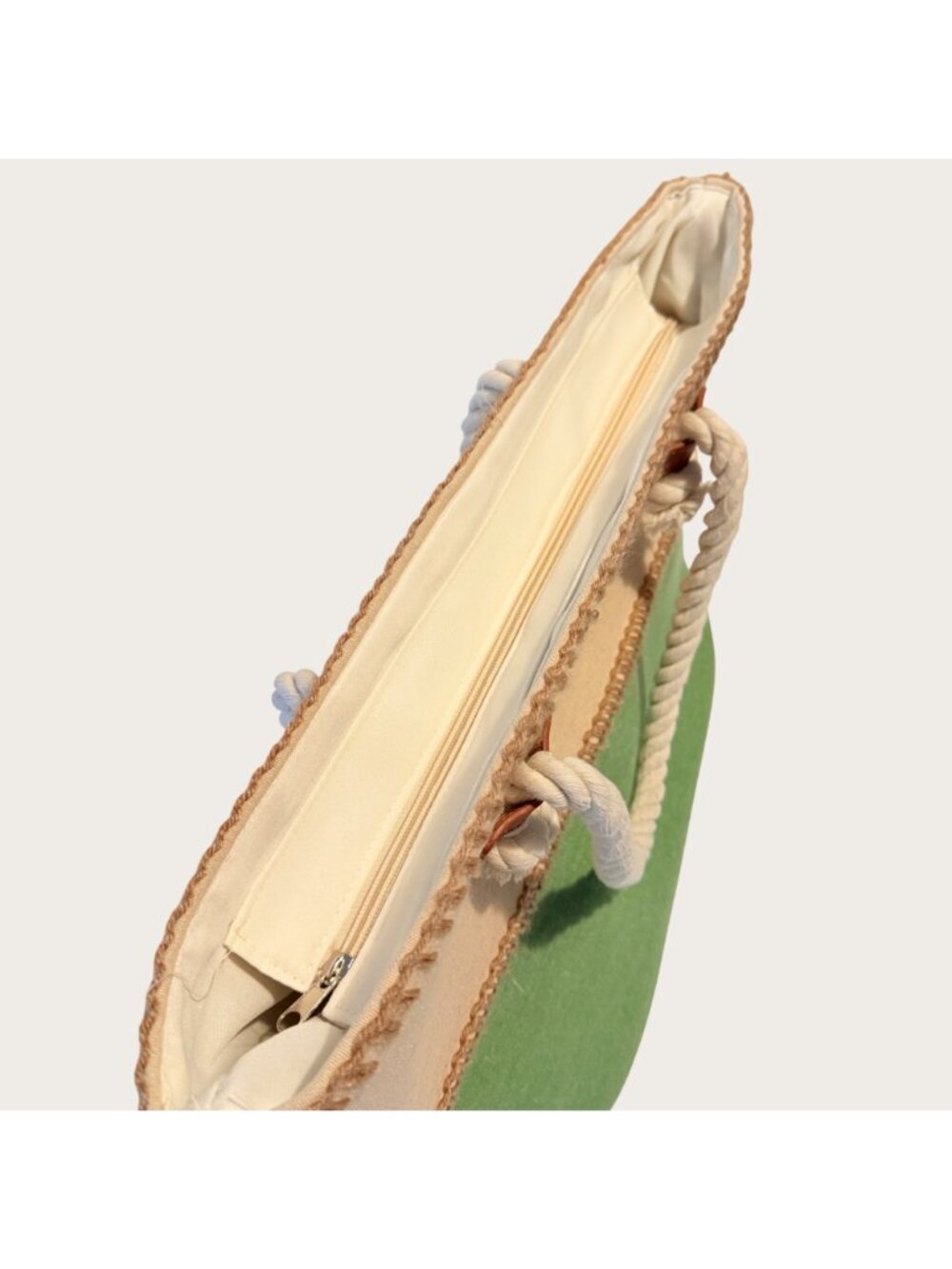 Caribbean Joe Island Supply Co Green Beige Canvas Tote Rope Handles Zip Closure - Picture 4 of 8